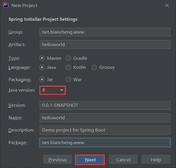 Spring Boot Initializr Settings